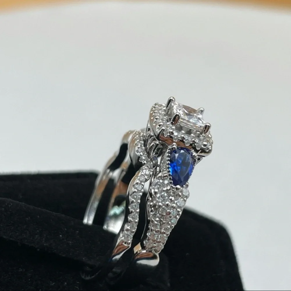 925 Sterling Silver‎ Diamond Sapphire 2 Band Wedding Bridal Engagement Ri…